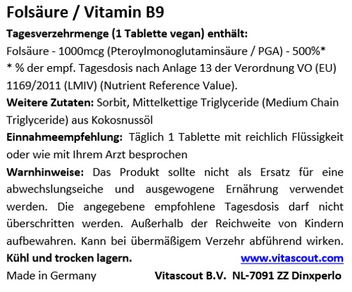 Folsure 720 Tabletten je 1000mcg - Folic Acid Vitamin B9 - 500% d. Tagesbedarfs MADE IN GERMANY