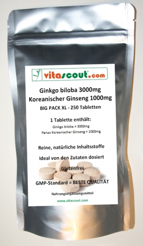 Ginkgo biloba + Panax Koreanischer Ginseng Mix 4000mg - 250 Veg. Tabletten - PN: 010228