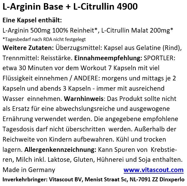 L-ARGININ Base pflanzlich 100% mit CITRULLIN 4900mg 600 Kapseln MADE IN GERMANY