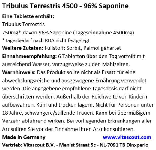 Tribulus Terrestris Extrakt - 360 Tabletten 750mg mit 96% Saponinen - MADE IN GERMANY!