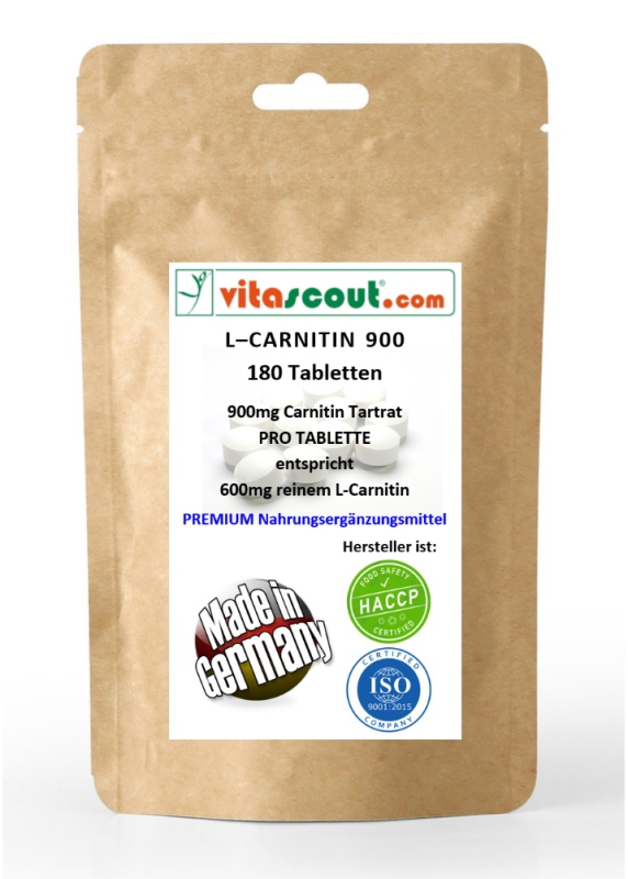 L-Carnitin 180 Tabletten - 900mg Carnitin Tartrat PRO TABLETTE - Made in Germany - OHNE MAGNESIUMSTEARAT - SUPERHOCHDOSIERT